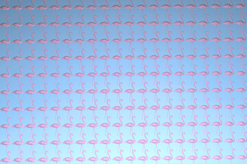 3D pastel pattern with lots of pink flamingo on blue background. Beautiful pink bird. Abstract summer style illustration