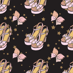 Seamless pattern with high heel shoes and bows