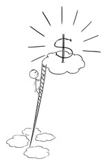 Man Climbing Ladder to Earn Money, Career or Success , Vector Cartoon Stick Figure Illustration