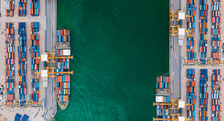 Aerial view from drone Logistics and transportation of Container Cargo ship and Cargo import export , Business logistics concept,