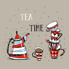 Tea time. Teapot and cute mugs in doodle style. Vector.