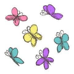 Set of vintage grunge butterfly doodles isolated on white background. Vector icons of multicolored cartoon insects