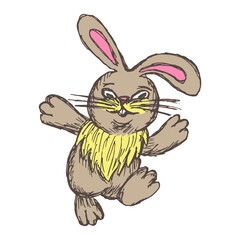 Vector grunge clipart of cheerful jumping rabbit isolated on white background. Cute easter character. Hand-drawn shaded drawing. Cartoon kids animal doodle