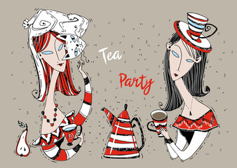 Tea party. Girls friends drink tea. Art Nouveau style. Modigliani art. Vector