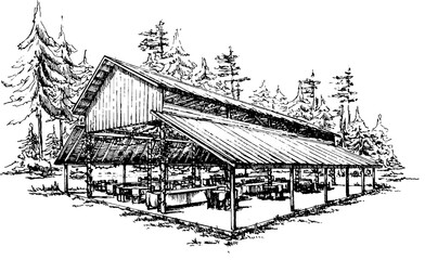 country barn house interior wedding sketch. monochromatic illustration on white background 