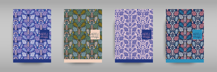 A set of covers for notebooks Jungle in ditsy and milfleur styles. Cute layout for the women's and children's cover book, notebooks, brochures, school diary templates. Seamless pattern and mask used