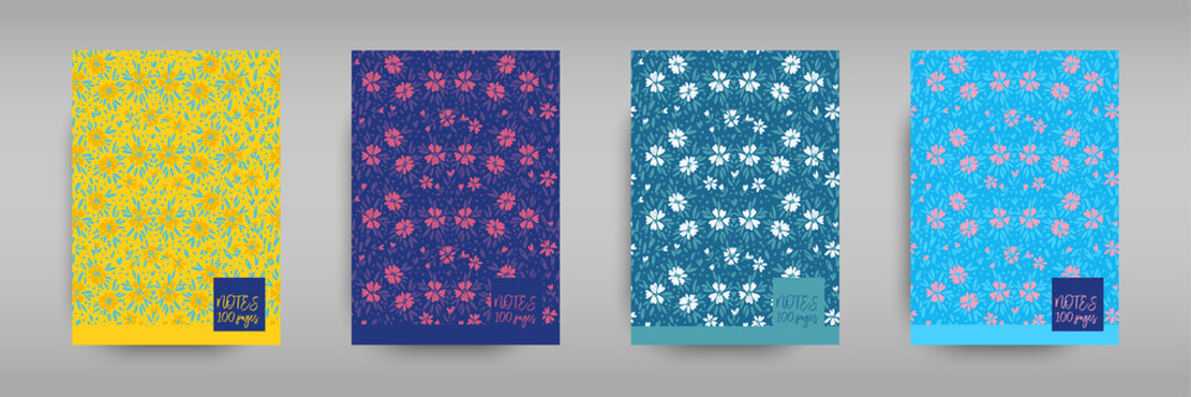 A set of covers for notebooks with small flowers and summer meadows. Cute layout for the women s and children s cover book, notebooks, brochures, school diary templates. Seamless pattern and mask used