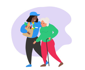 social help african american volunteer girl helping to senior woman carrying grocery bag vector illustration