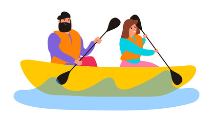 couple man and woman rowing canoe kayak with paddles vector illustration