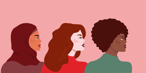 Women of different races, nationalities, skin color and hair stand in profile, looking in one direction. The concept of feminism, female friendship, sisterhood, tolerance, equality. Vector graphics.