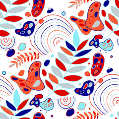 Fototapeta na wymiar Seamless vector pattern with abstract doodles. Bright summer print. Trendy colorful background. Geometric doodles and leaves. 