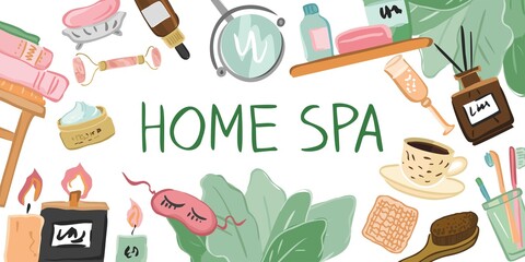 Lettering home spa surrounded by elements of beauty, skin care, relaxation isolated on white. Frame with candles, plants, mirrors, cosmetics, towels, sleep masks in pastel colors. Vector illustration