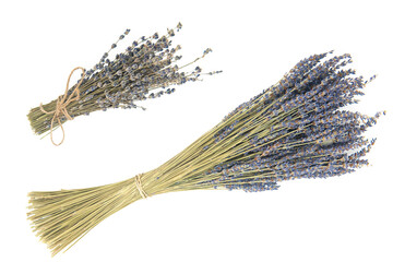 Two different bouquets of dried lavender isolated on white.