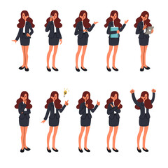 Obraz premium Set of cute businesswoman cartoon character standing in difference postures character flat vector illustration isolated on white background. Employee collection design.