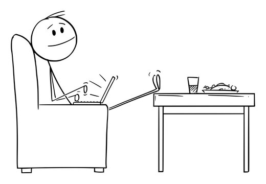 Happy Man or Entrepreneur Working at Home on Computer, Vector Cartoon Stick Figure Illustration