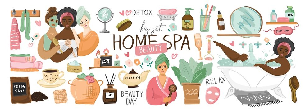 Set of elements of home spa, beauty, relaxation, beauty treatments isolated on white. Stickers collection of girls in dressing gowns, masks, soap, cosmetics, shampoos, plant. Cute vector illustration.