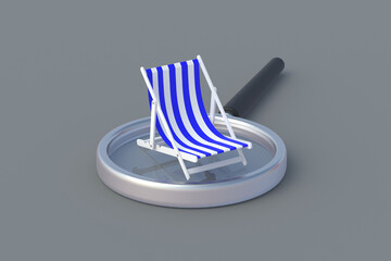 Striped beach chair on magnifier. Search a resort for vacation. Checking recreation areas. Travel agency research. Discovering new exotic locations. Finding a place on the beach. 3d render