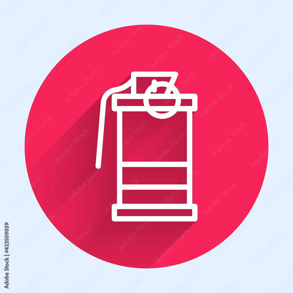 Poster white line hand smoke grenade icon isolated with long shadow. bomb explosion. red circle button. vec