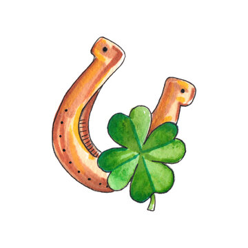 Hand drawn watercolor illustration. Clipart for children design. Golden horseshoe and green four leaf clover. Irish symbol of fortune and good luck on St. Patrick's Day.