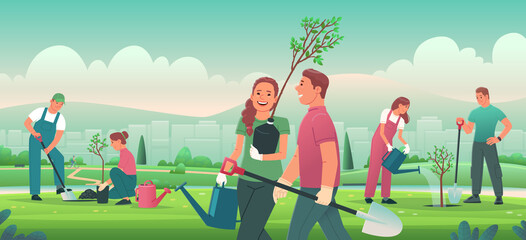 People are planting tree seedlings in the city park. Volunteers or city dwellers, men and women