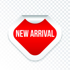New arrival sticker. Sale banner. Realistic Red Glossy paper ribbon. Eps 10 vector illustration.