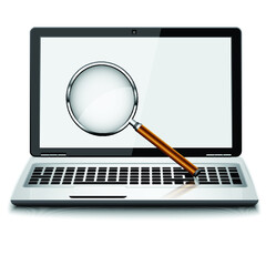 Search. Laptop and loupe in white background. Isolated