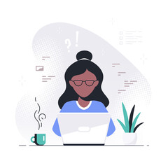 Young black woman working on laptop, flat design vector