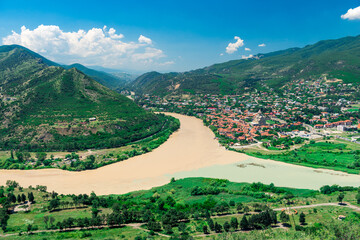 view from the Jvari monastery at the confluence of the Kura and Aragvi rivers, Georgia