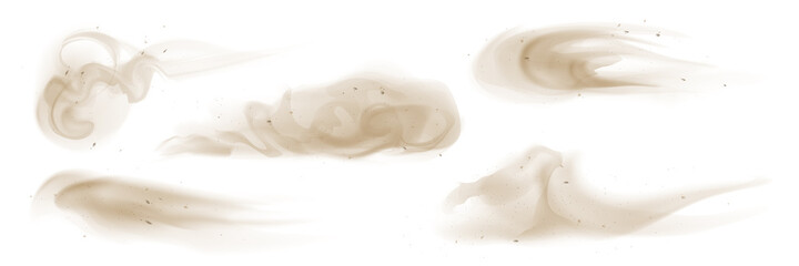 Vector Dust, dusty sand clouds effect collection, set of flying desert dusty particles, isolated on transparent background. Realistic sandstorm, explosion, sand splash.