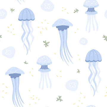 Seamless marine pattern with various deep sea jellyfish. Great for fabric, textile. Vector Illustration