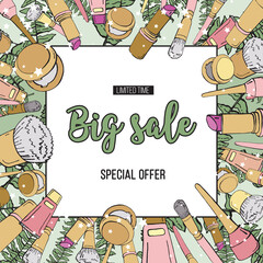 Cosmetics frame. Makeup. Sale. Sale advertisement. Cosmetics advertising. New Year and Christmas sale banner.