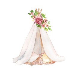 Watercolor illustration in boho style.  Children's play tent wigwam with a bouquet of flowers © Lilia
