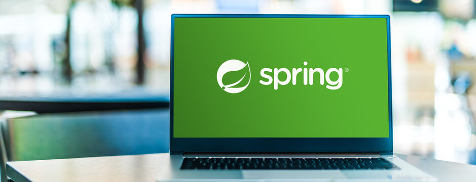 Laptop computer displaying logo of The Spring Framework