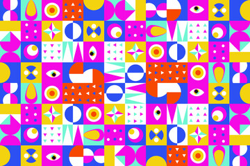 Colored neo geo background. Modern grid flyer with geometric shapes, geometry graphics. Abstract vector pattern design for web banner, business presentation, branding package, fabric print, wallpaper.