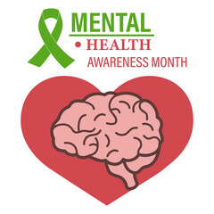 Mental Health Awareness is an annual campaign aimed at raising awareness about mental health. The silhouette of the human brain against the background of the heart. White background. Vector illustrati