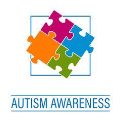 Autism awareness with framed puzzle pieces. Colored puzzle pieces and blue text isolated on a white background. Vector illustration