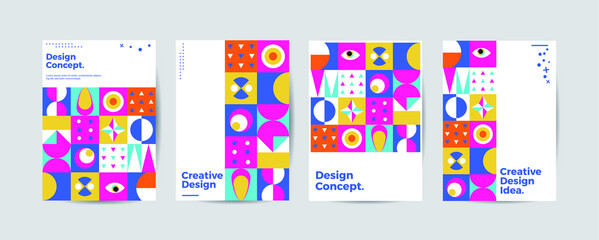 Color neo geo poster. Modern grid flyer with geometric shapes, geometry graphics and abstract background vector set. Company identity brochure template collection. Business presentation vector A4.