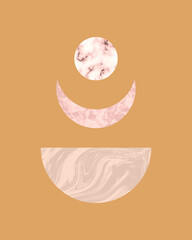 Vector trendy illustration of printable card with boho mid century stones and marble textured shapes of moon, planets. Abstract contemporary aesthetic background with geometric elements