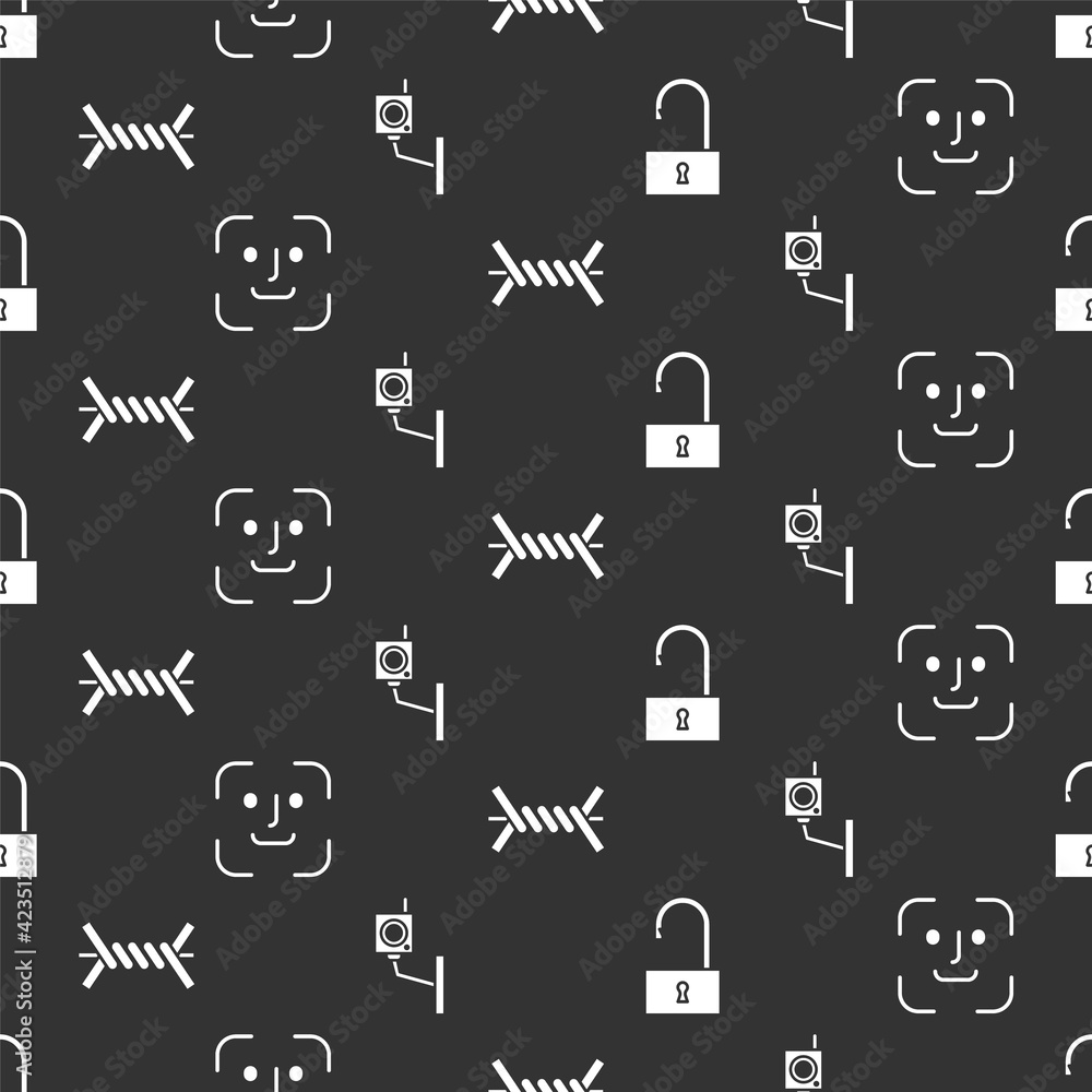 Aufkleber set open padlock, face recognition, barbed wire and security camera on seamless pattern. vector