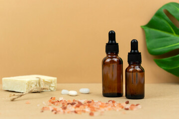 Wellness and spa concept. Body care. Natural oil. Unbranded bottle.Serum and cream