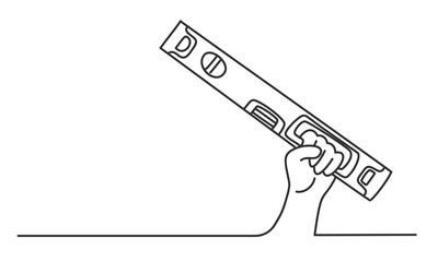 Human hand holds building level. Hand drawn vector illustration.