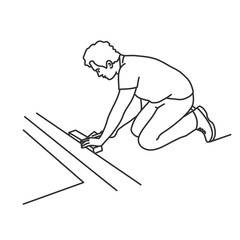 Young man laying parquet, floorboard, laminate. Hand drawn vector illustration.
