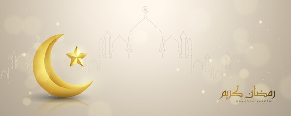 Beautiful Ramadan Kareem in Arabic calligraphy. Golden crescent moon, star, and glitter particles. Illustration of realistic 3D Islamic greeting card on the floor. Mosque line art. © AF DigitalArtStudio