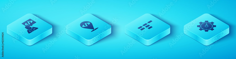 Poster set isometric front end development, , website statistic and site map icon. vector