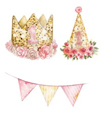 Watercolor illustration.  Children's crown, birthday cap, paper garland, flags for the first year for a girl.