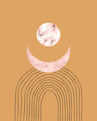 Vector trendy illustration of printable card with boho mid century stones and marble textured shapes of moon, planets. Abstract contemporary aesthetic background with geometric elements, lines