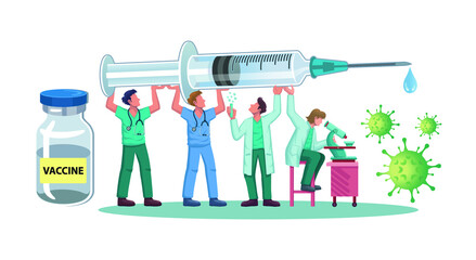 Doctors and scientists carrying big giant syringe with a drop and bottle vaccines flat vector illustration.