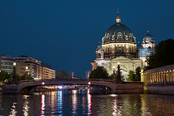 Berlin Cathedral (Berliner Dom) at night in Spree River, Berlin, Germany, Europe. © RAW Digital Studio