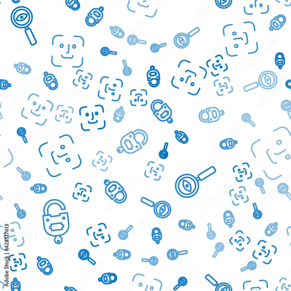 Poster set line lock and key, magnifying glass search and face recognition on seamless pattern. vector