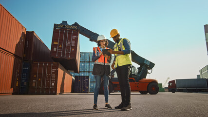Fototapeta na wymiar Multiethnic Female Industrial Engineer with Tablet and Black African American Male Supervisor in Hard Hats and Safety Vests Stand in Container Terminal. Colleagues Talk About Logistics Operations.